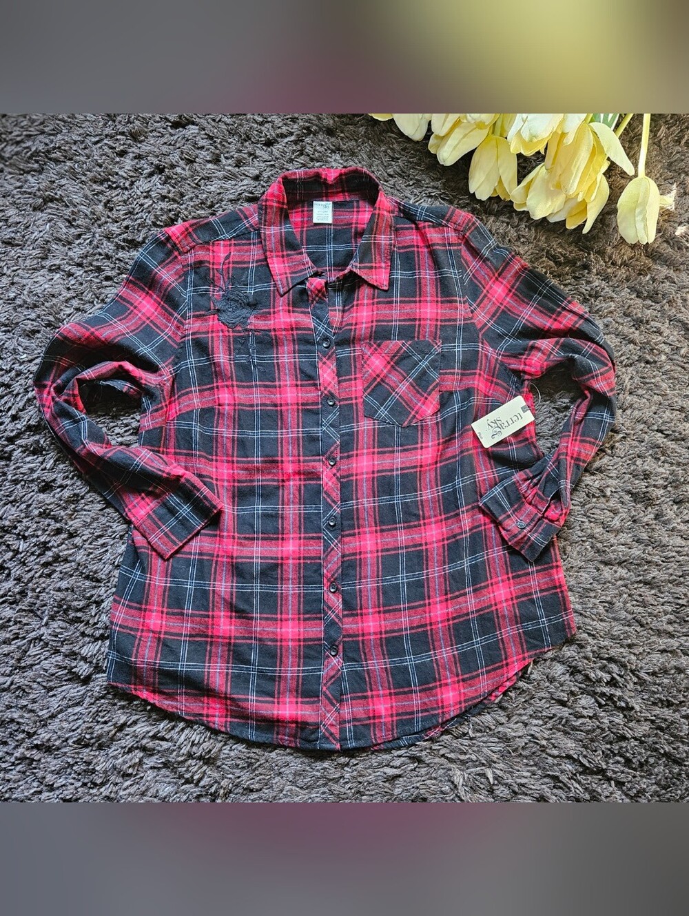 Terra & Sky nwt Plus Size 0x 14W red black Embellished Flannel Long Sleeve Pocke